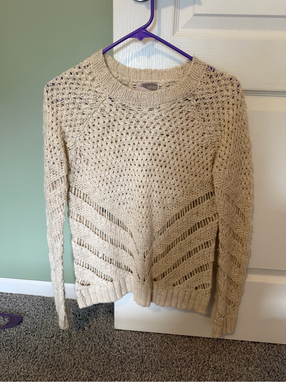 Forever 21 Cream Open-Weave Crewneck Sweater